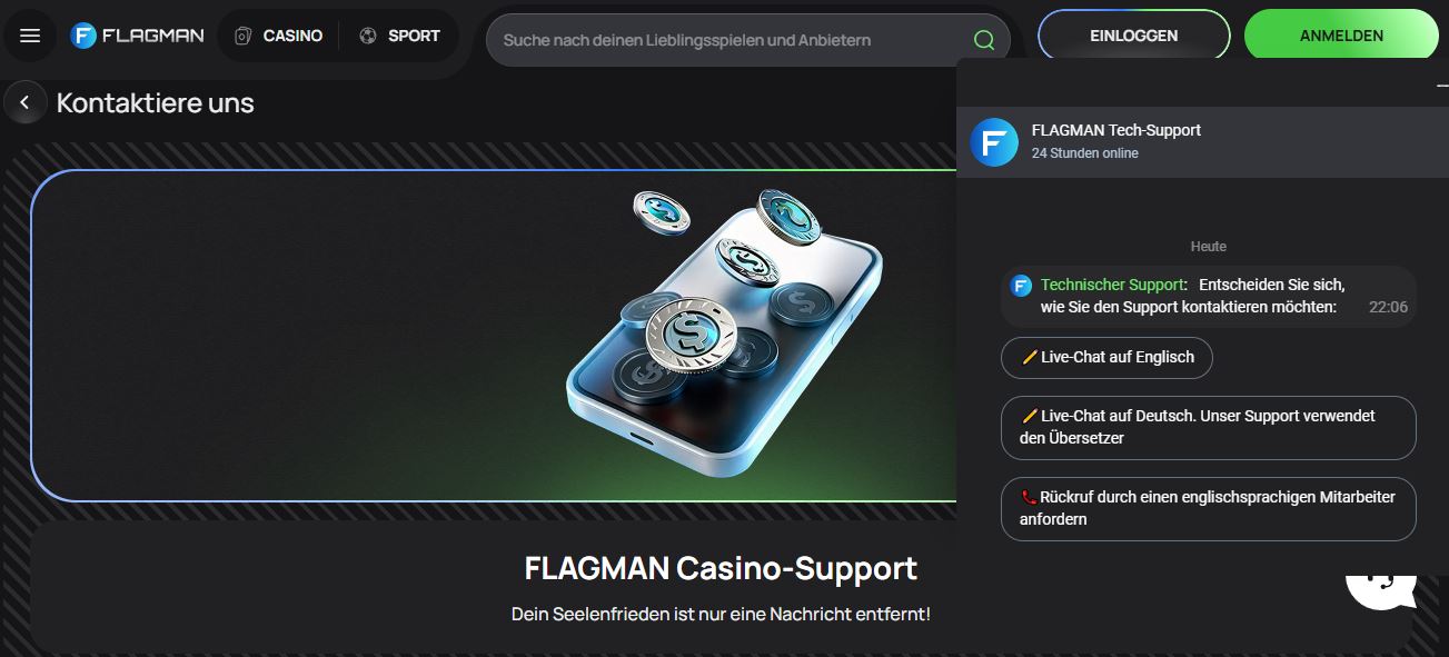 Kontaktiere Flagman Casino Support per Live-Chat